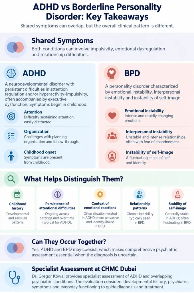 ADHD vs BPD key differences infographic comparing symptoms, developmental history, emotional instability, executive functioning and the importance of psychiatric assessment.