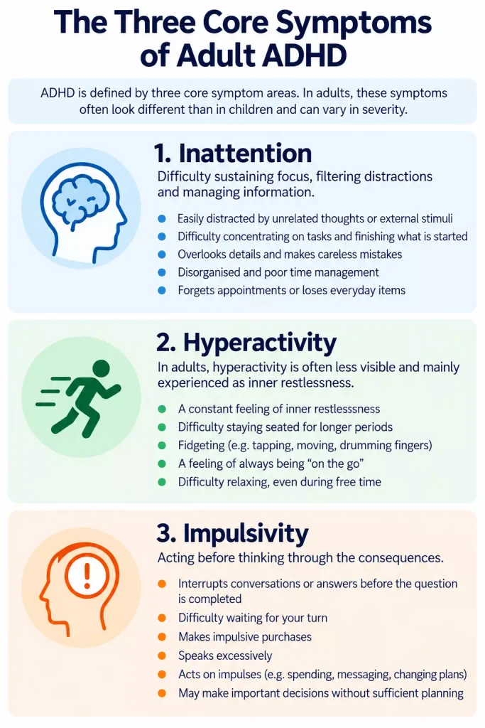 Three core symptoms of adult ADHD: inattention, hyperactivity and impulsivity