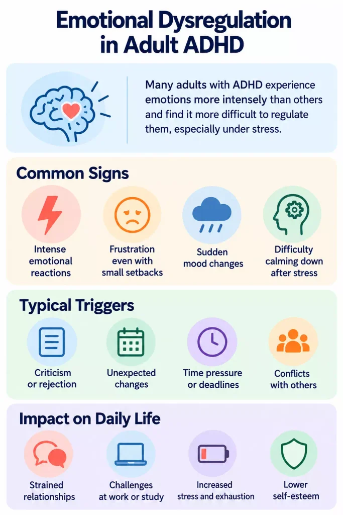 Emotional dysregulation in adults with ADHD, including frustration, intense emotional reactions and difficulty calming down