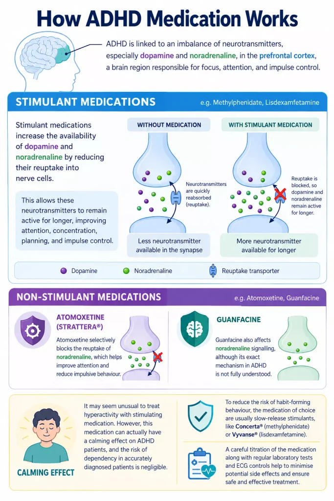 Diagram explaining how ADHD medications affect dopamine and noradrenaline signalling involved in attention and impulse control.
