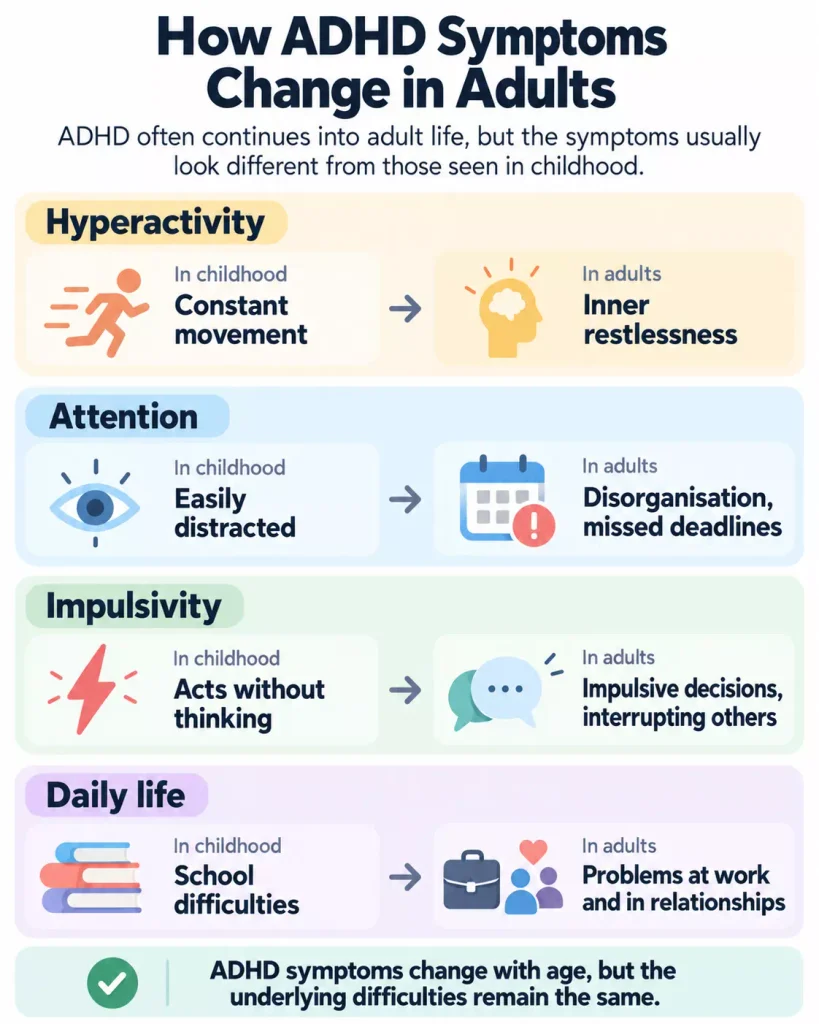 How ADHD symptoms change from childhood to adulthood, including reduced visible hyperactivity and increased organisational difficulties