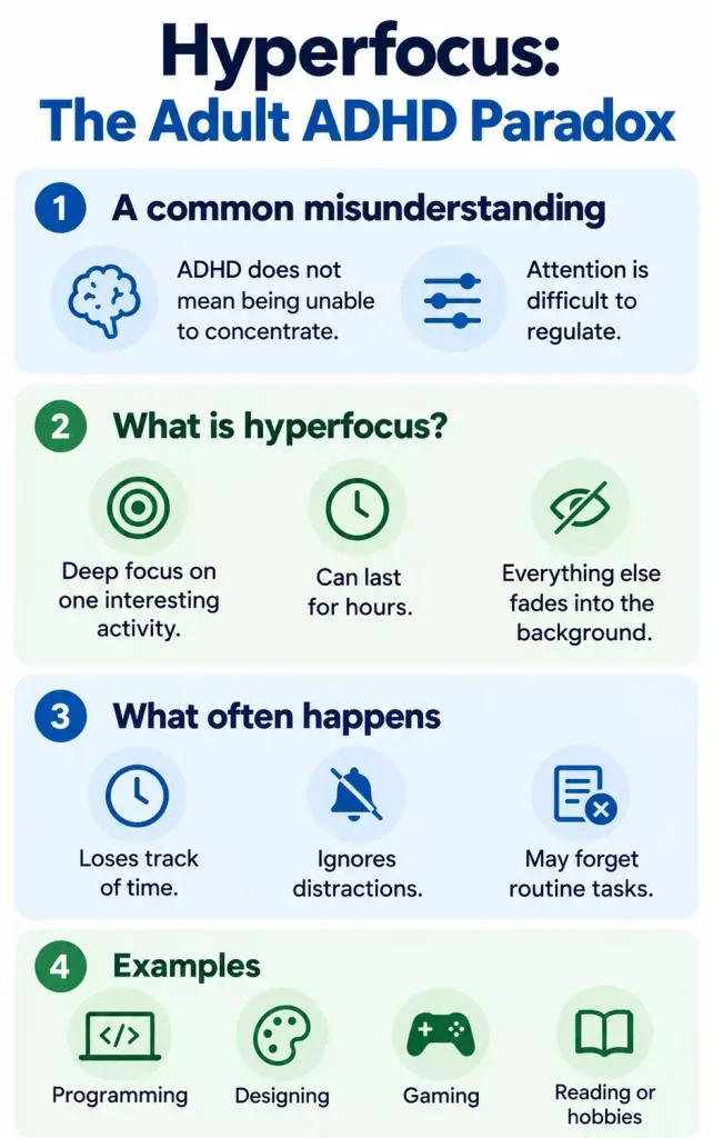 Hyperfocus in adults with ADHD, showing intense concentration on interesting activities despite difficulty with routine tasks