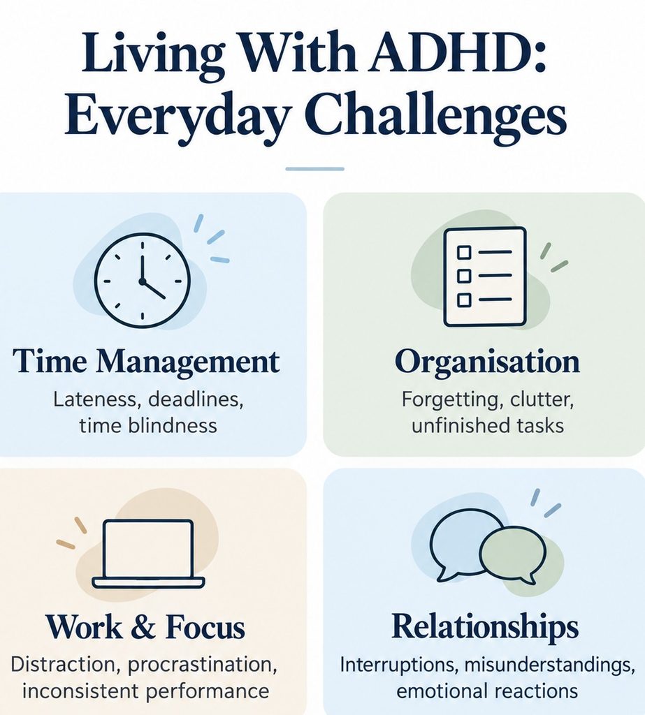 Everyday challenges of living with adult ADHD, including time management, organisation, work performance and relationships.