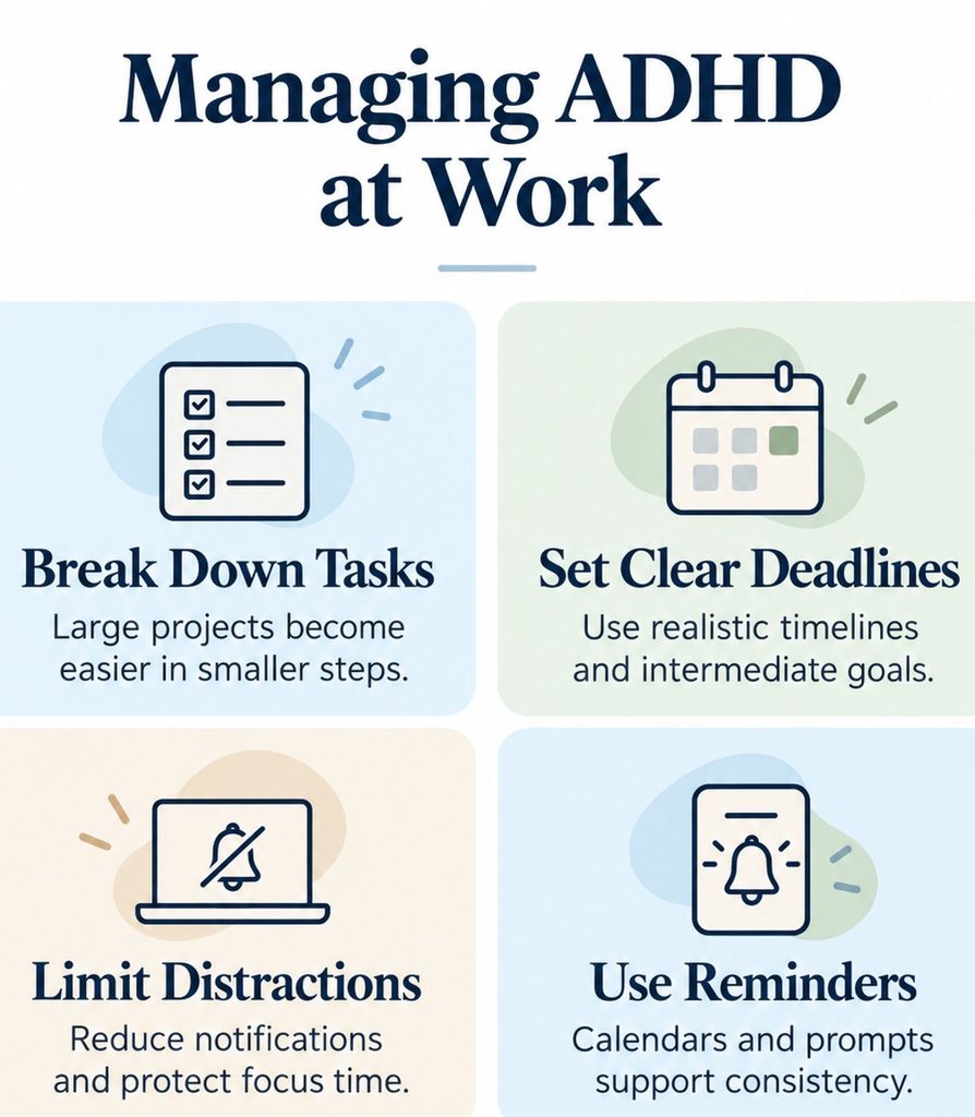 Practical strategies for managing ADHD at work, including breaking down tasks, setting deadlines, reducing distractions and using reminders.