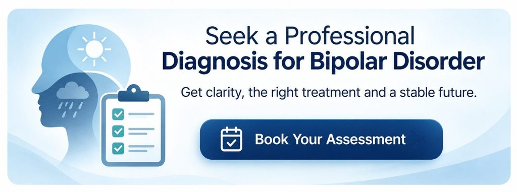 Warning signs that warrant psychiatric assessment for possible bipolar disorder, including recurrent depression, elevated mood and reduced need for sleep.