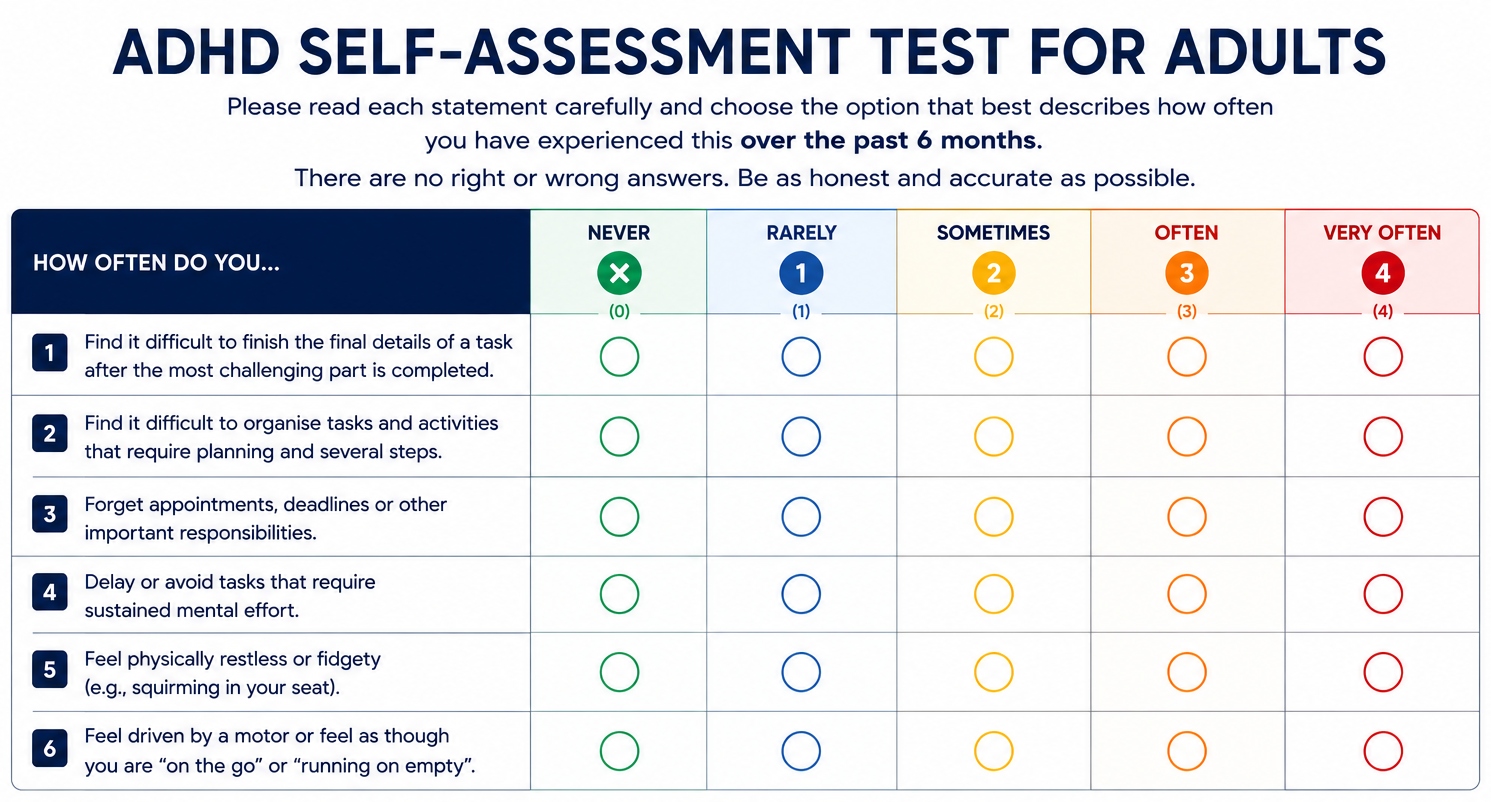 Printable ADHD self-assessment test for adults