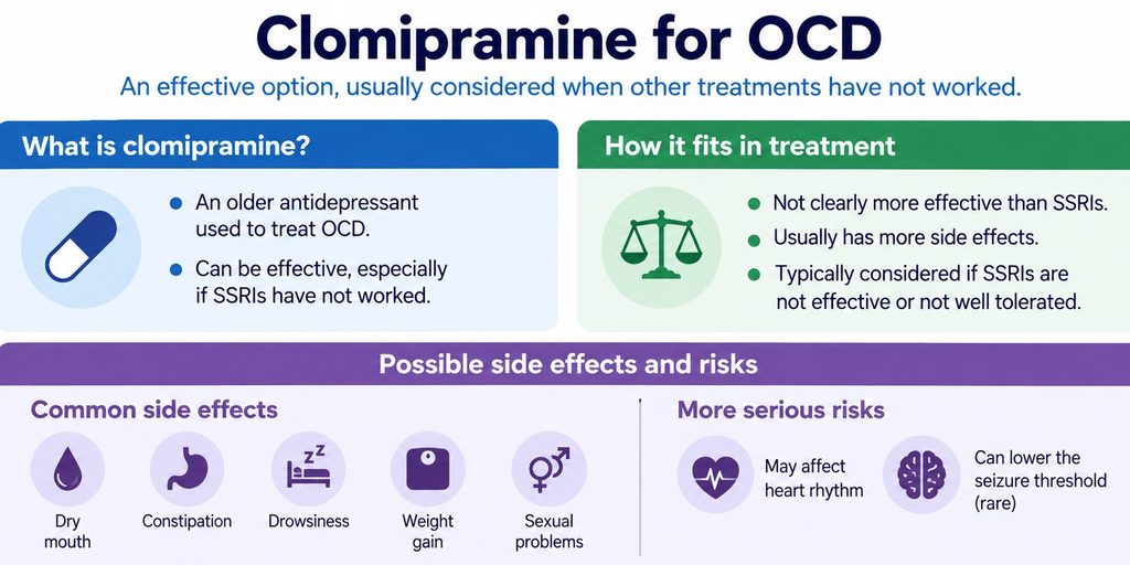Clomipramine is a tricyclic antidepressant that may be considered for OCD when treatment with SSRIs has not been sufficiently effective.
