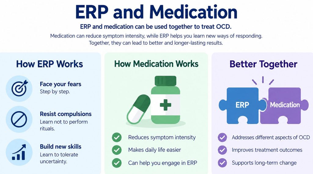 Comparison showing how ERP changes compulsive responses while medication can reduce the intensity of OCD symptoms.
