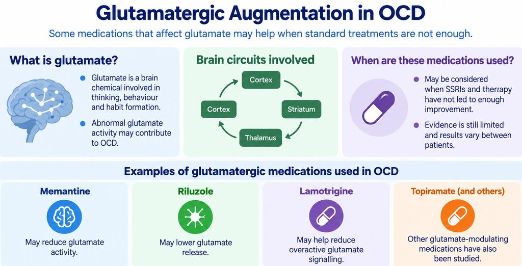 Specialised OCD augmentation options targeting glutamate include memantine, lamotrigine, riluzole and topiramate.