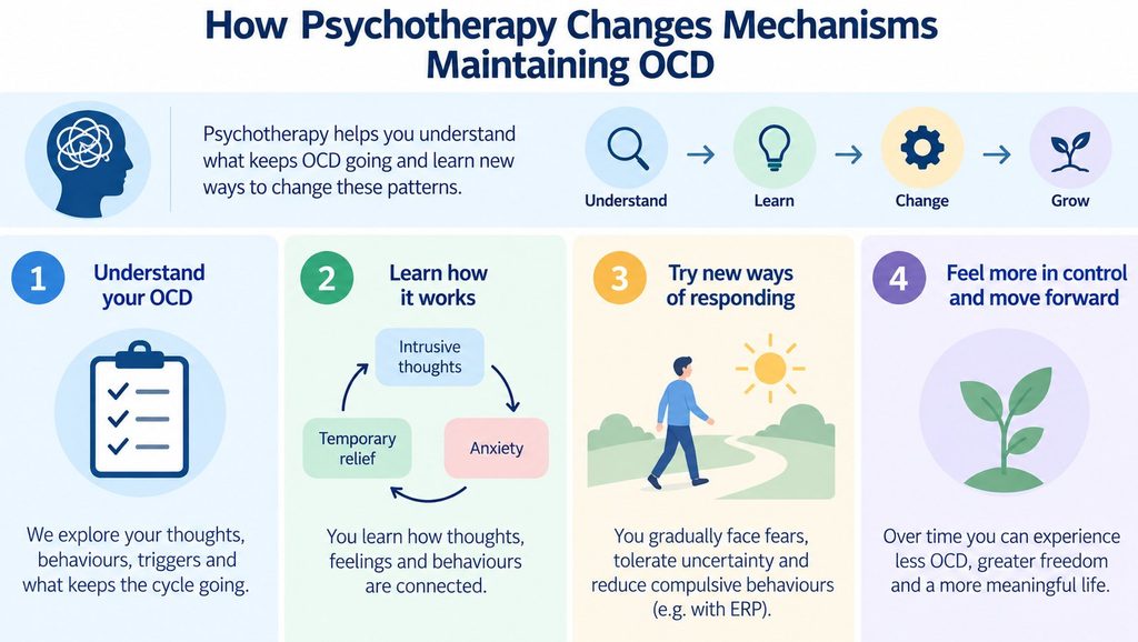 Four-step illustration showing how psychotherapy helps patients understand OCD patterns, tolerate uncertainty and change compulsive responses.