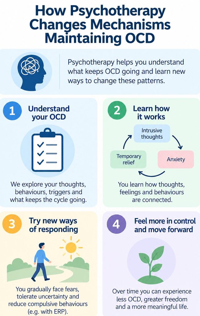Four stages of OCD psychotherapy showing how patients identify obsessive-compulsive patterns, understand maintaining mechanisms, practise new responses through ERP and improve daily functioning.