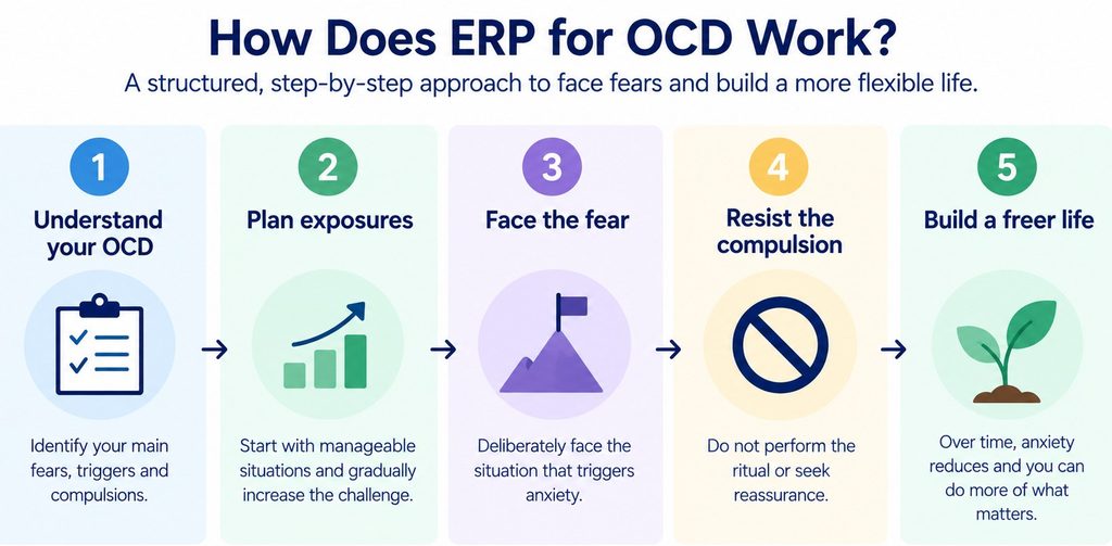 Five-step ERP process showing assessment, planned exposure, facing fears, resisting compulsions and building greater freedom.