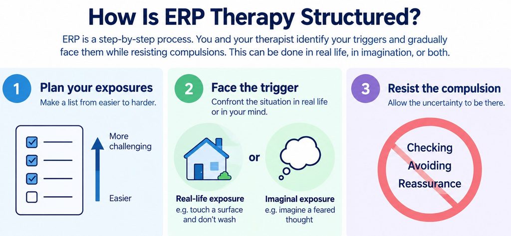 Three-step ERP structure showing graded exposure planning, facing triggers and resisting compulsive responses.