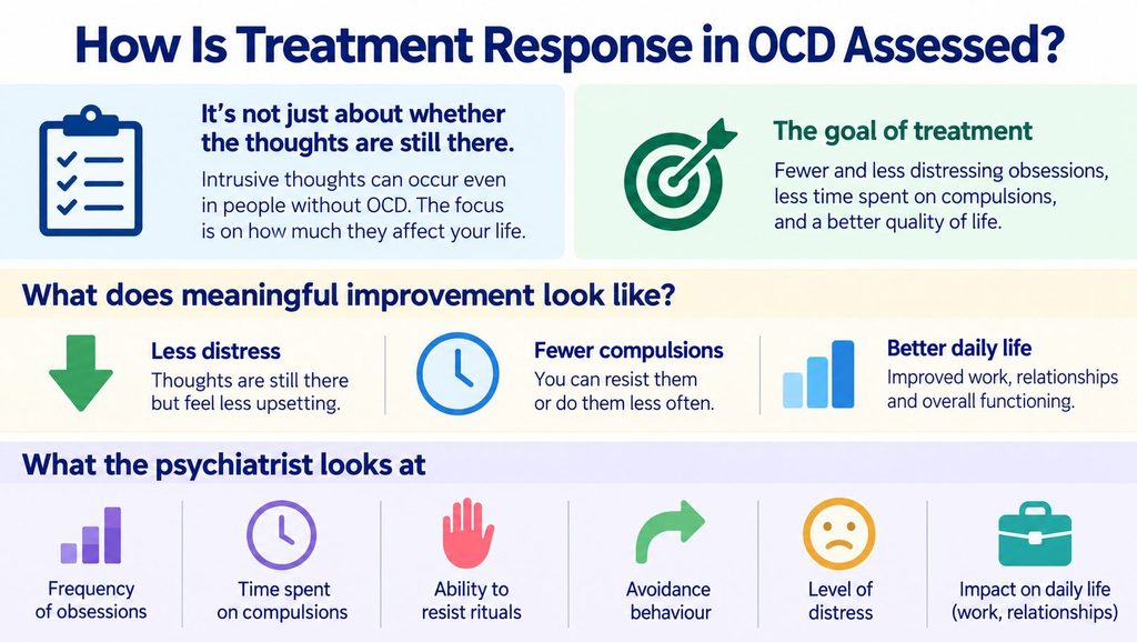 OCD treatment response is assessed through changes in obsessions, compulsions, avoidance, distress and everyday functioning.