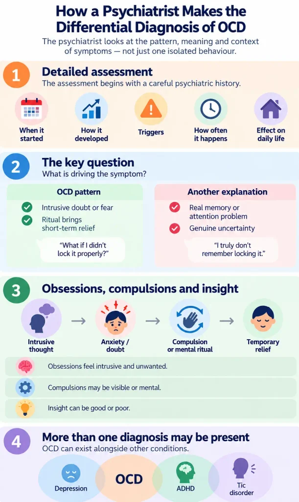 llustration of how a psychiatrist makes the differential diagnosis of OCD by assessing symptom history, identifying obsessions and compulsions, evaluating insight, and recognising co-existing conditions such as depression, ADHD and tic disorders.