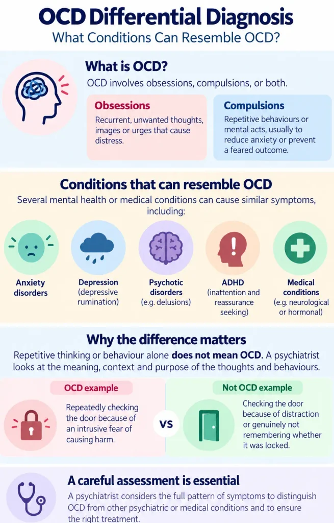 Overview of psychiatric conditions that may resemble OCD, including anxiety, depression, ADHD, personality disorders and psychosis