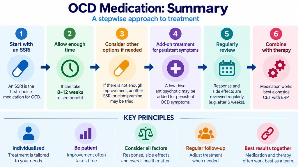 Stepwise OCD medication pathway from first-line SSRIs to alternative antidepressants and augmentation strategies for persistent symptoms.