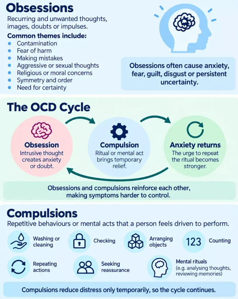 Obsessions are recurring and unwanted thoughts. Compulsions are repetitive behaviours. Obsessions trigger anxiety, followed by compulsive rituals that provide temporary relief and reinforce the OCD cycle