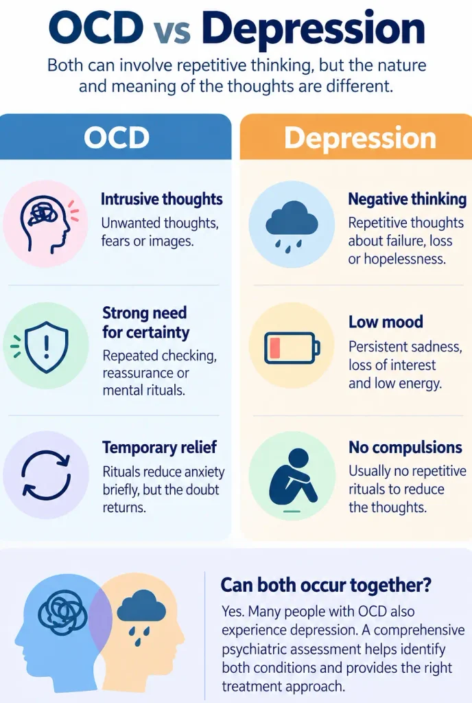 Differences between intrusive OCD obsessions and depressive rumination involving guilt, regrets and negative thoughts