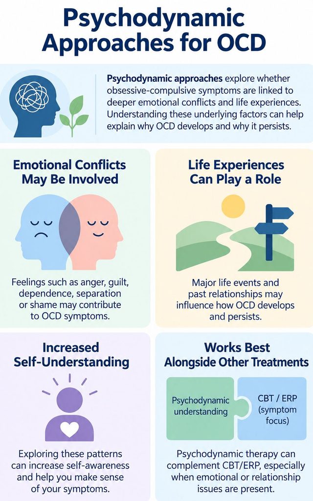 Psychodynamic approaches to OCD exploring emotional conflicts, life experiences and self-understanding as possible complements to CBT and exposure and response prevention.