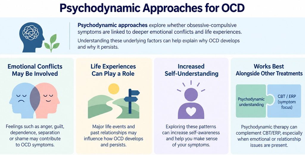 Illustration of psychodynamic therapy exploring emotional conflicts, life experiences and underlying patterns that may contribute to OCD.