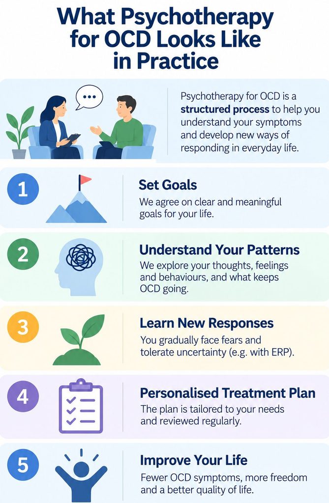 Five stages of psychotherapy for OCD, including setting goals, understanding symptoms, practising ERP, developing an individual treatment plan and improving quality of life.
