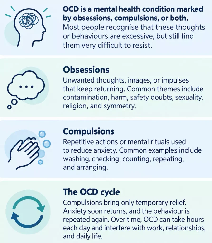 explaining the nature of OCD, intrusive obsessive thoughts, repetitive compulsions and the cycle of temporary anxiety relief in OCD