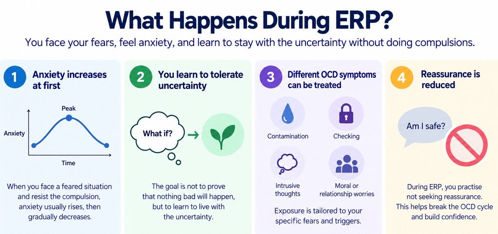 Illustration showing how ERP helps patients face OCD triggers, tolerate uncertainty and reduce compulsions and reassurance seeking.