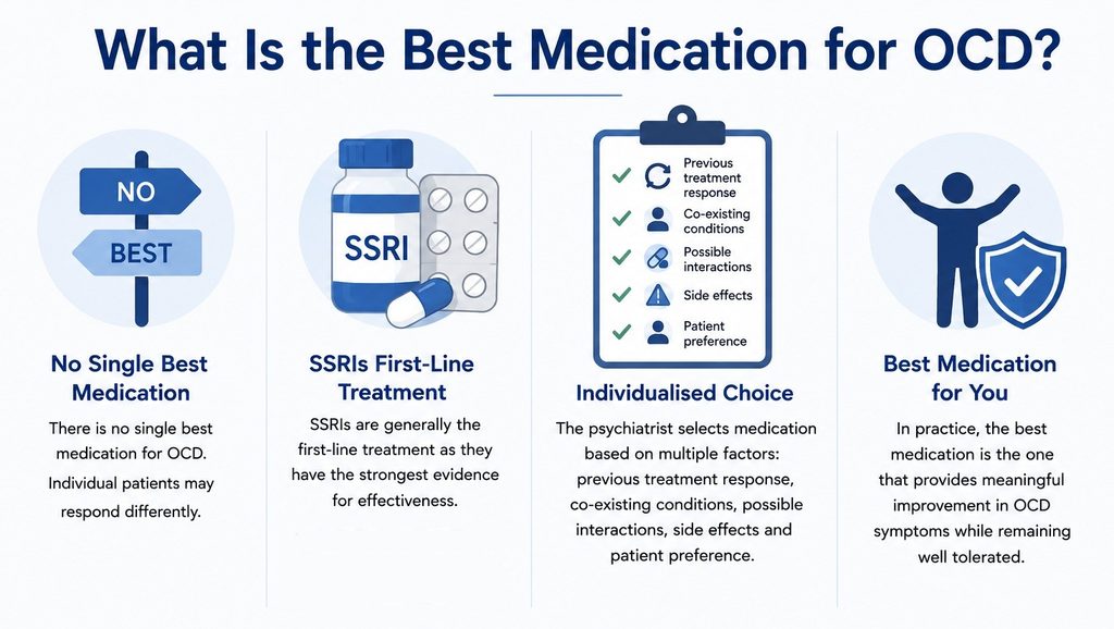 OCD medication is selected individually based on treatment response, side effects, physical health, other conditions and patient preference. Pasted text
