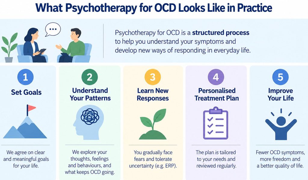 Five-step psychotherapy process for OCD, from setting treatment goals and understanding symptoms to practising new responses in daily life.