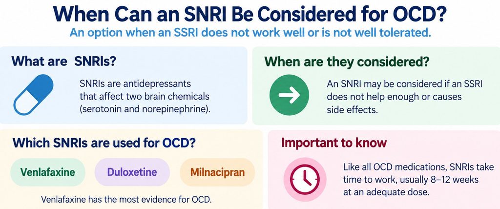 SNRIs may be considered for selected patients with OCD when standard SSRI treatment is ineffective or poorly tolerated.
