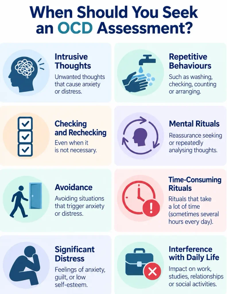 Warning signs that may require an OCD assessment, including repeated checking, intrusive thoughts, mental rituals, avoidance and impaired daily functioning