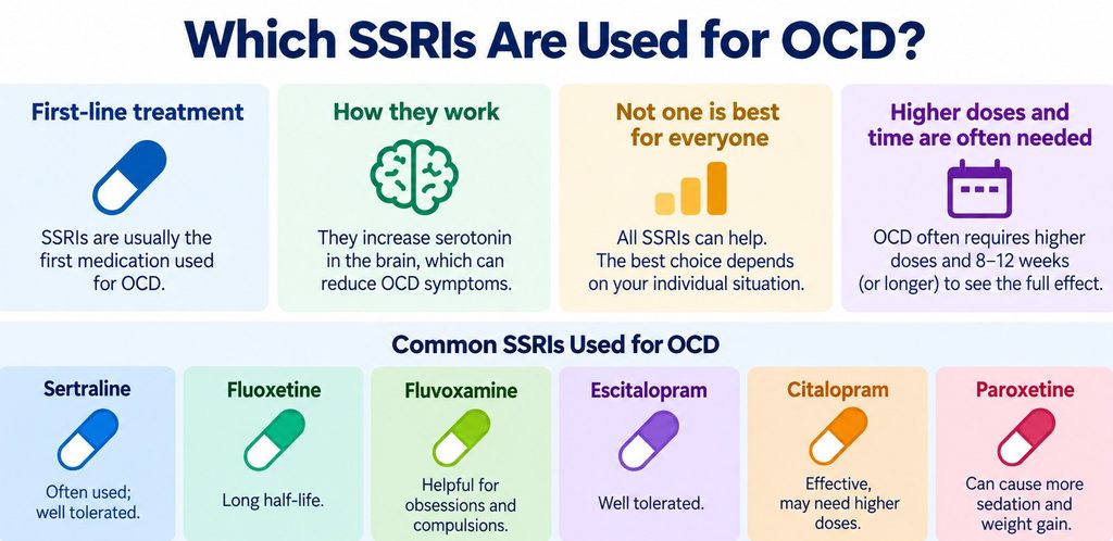 SSRIs used for OCD include sertraline, fluoxetine, fluvoxamine, paroxetine, citalopram and escitalopram.