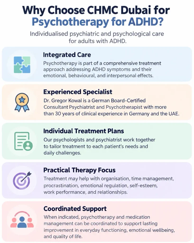 CHMC Dubai ADHD psychotherapy services, combining experienced psychiatric care, individual treatment plans, psychological support and practical coping strategies.