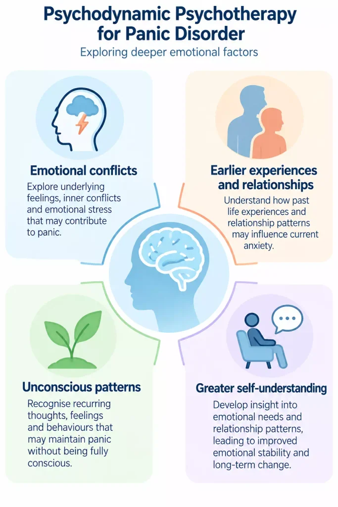 Psychodynamic psychotherapy for panic disorder explores emotional conflicts, past experiences, relationship patterns and self-understanding.
