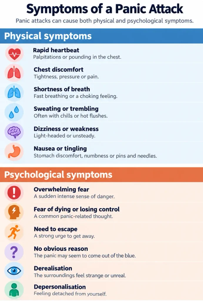 Physical and psychological symptoms of a panic attack, including palpitations, breathing difficulties, dizziness, trembling and intense fear
