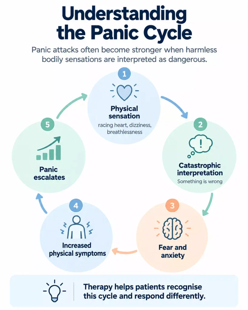 Diagram showing how physical sensations, catastrophic interpretations and increasing anxiety create a self-reinforcing cycle of panic.